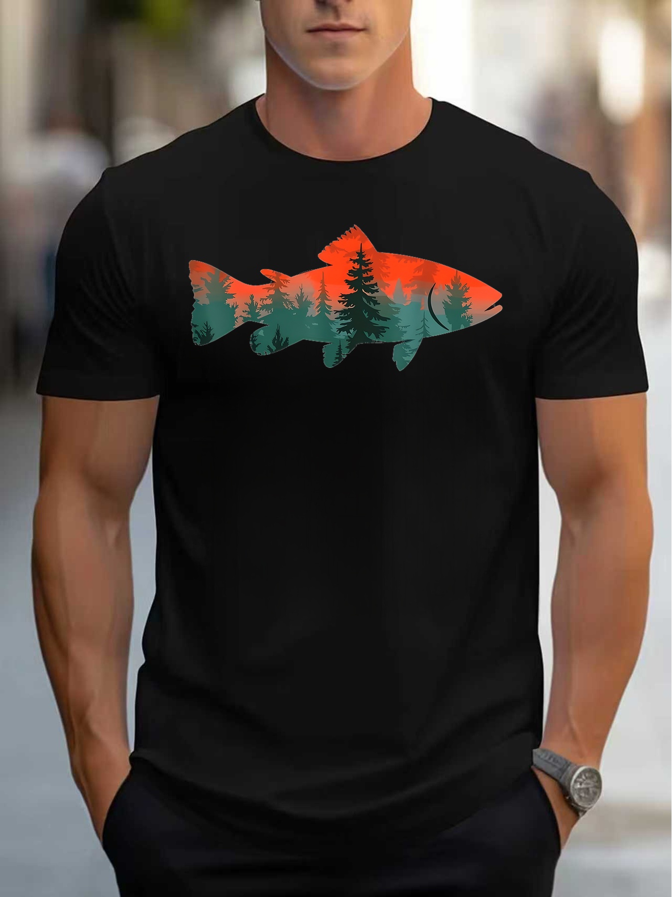 Outdoor Adventure Enthusiast - 自然をイメージしたメンズTシャツ、森の魚柄、夏のアウトドアアドベンチャー、自然愛好家へのギフト
