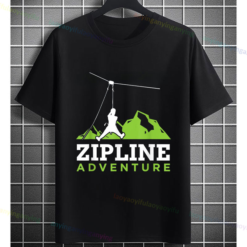 Outdoor Adventure Zipline - 男性と女性のジップライン アドベンチャー グラフィック Tシャツ ピュアコットン 半袖