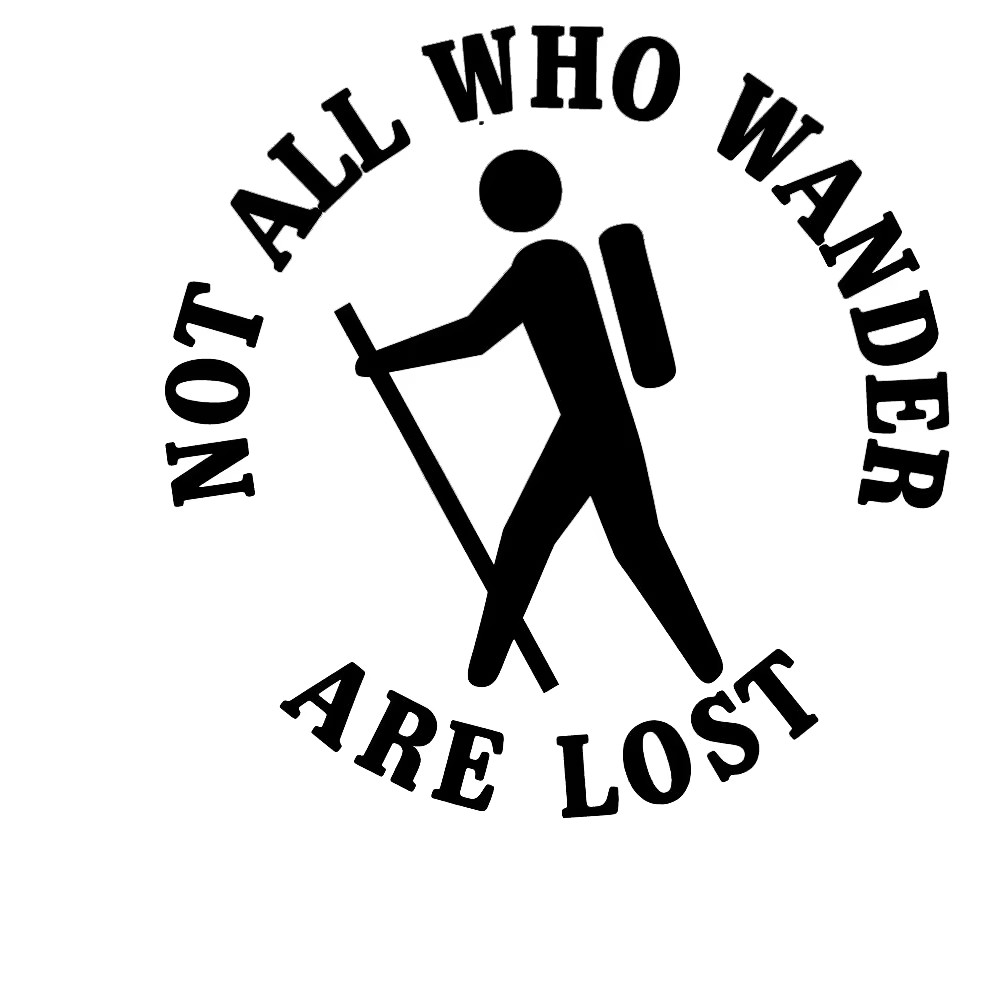 Outdoor Adventure Words - ハイキング愛好家向けビニールステッカー「Not All Wanderers Lost」デザイン、バンパー、バイク、窓の装飾、アウトドアアドベンチャー愛好家のためのスタイリング